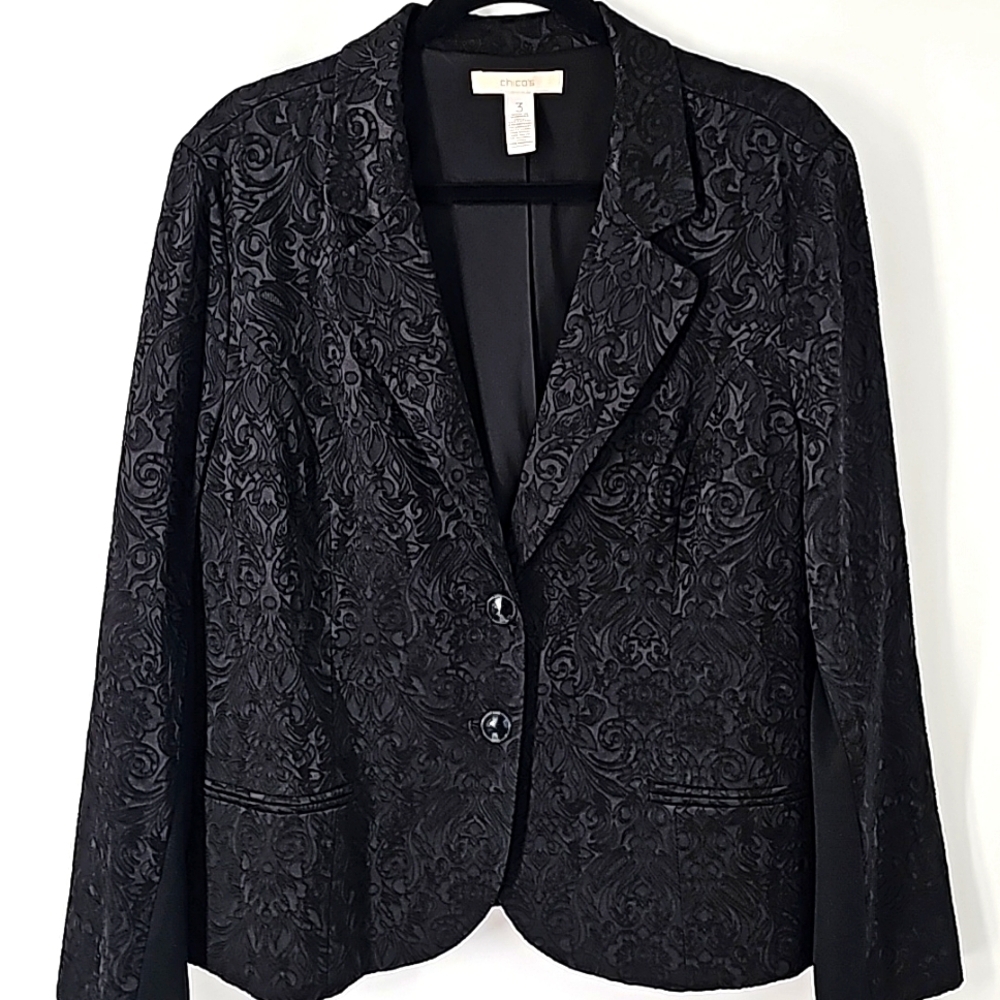 Chico's Classic Black‎ Brocade 2-Button Blazer Jacket wLapels & Front Pockets